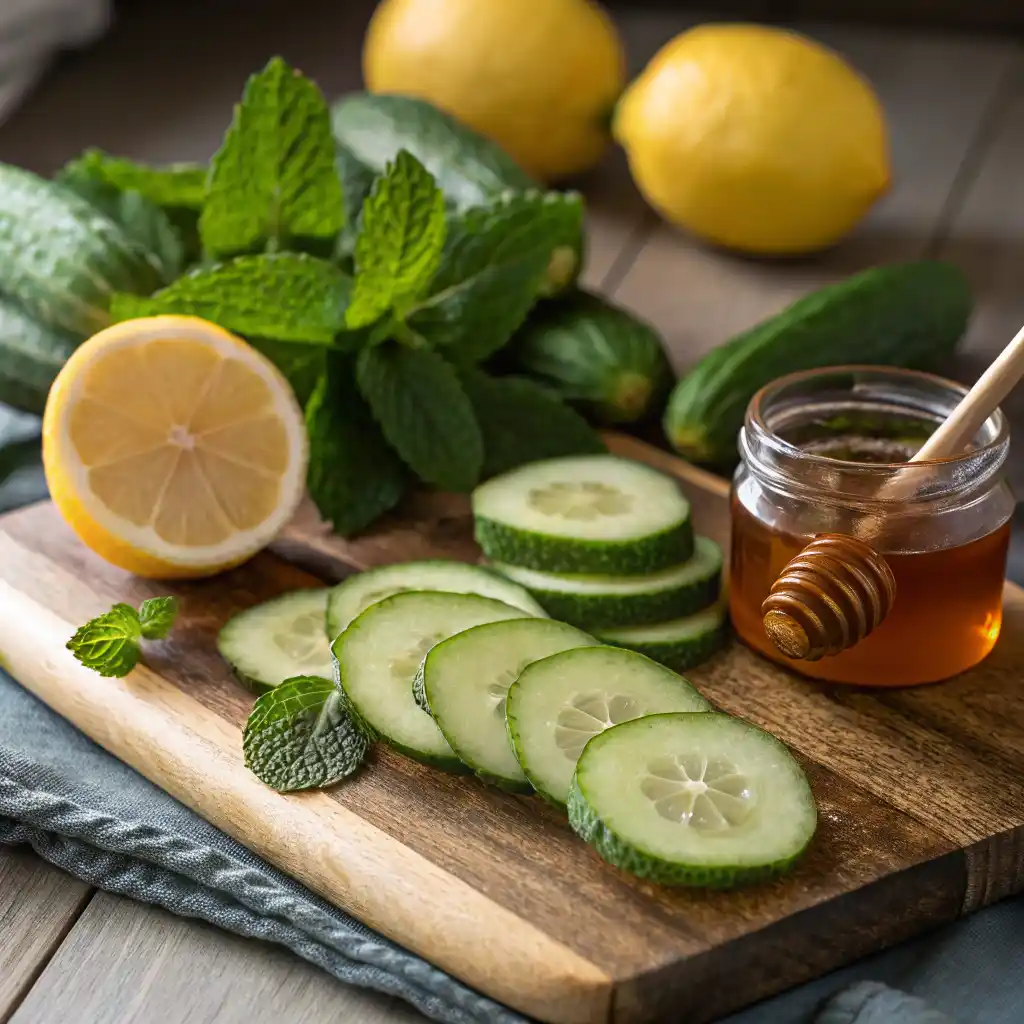 Fresh ingredients for natural zepbound drink: cucumber slices, lemon wedges, mint leaves, and honey jar