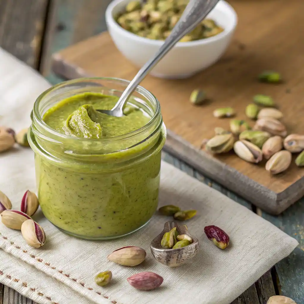 Homemade pistachio butter spread on toast with scattered pistachios