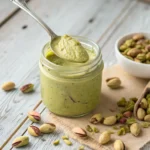 Homemade pistachio butter spread on toast with scattered pistachios