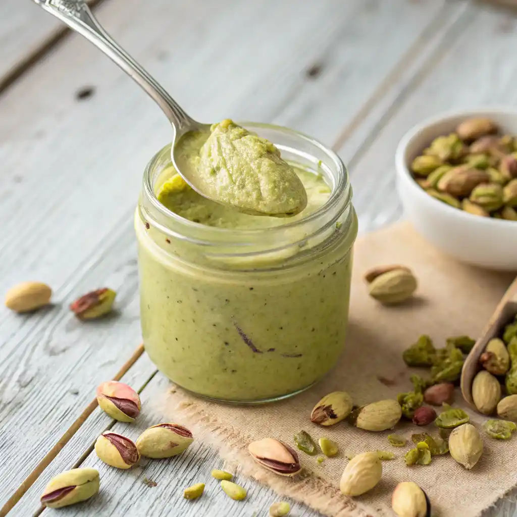 Homemade pistachio butter spread on toast with scattered pistachios