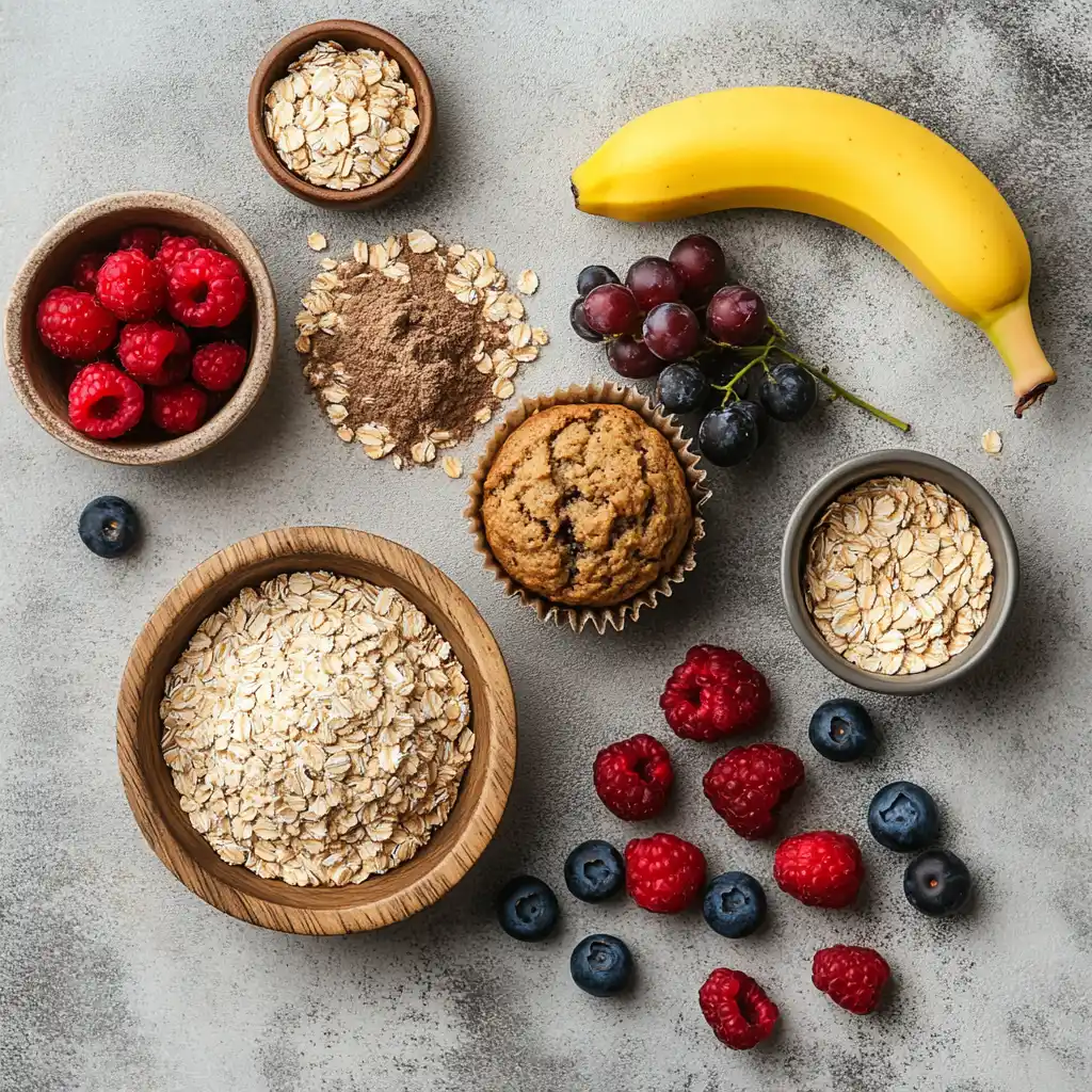 Healthy breakfast muffin ingredients with oats, banana, and berries