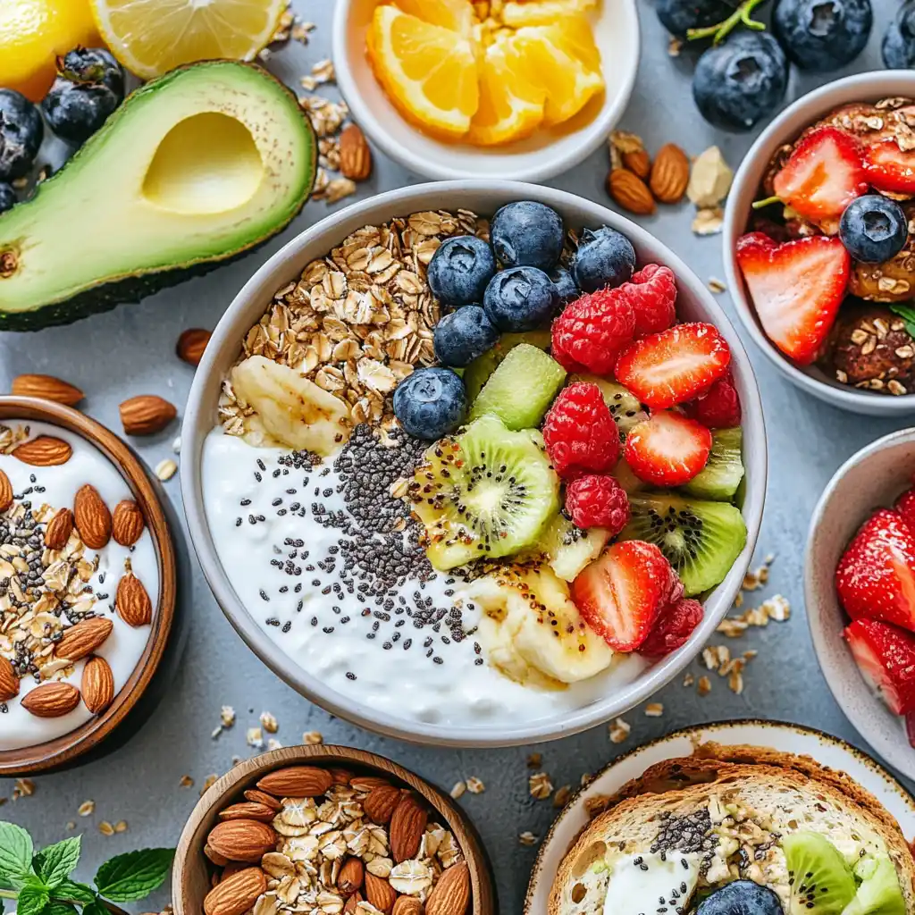 Healthy breakfast options like overnight oats, yogurt parfaits, and avocado toast