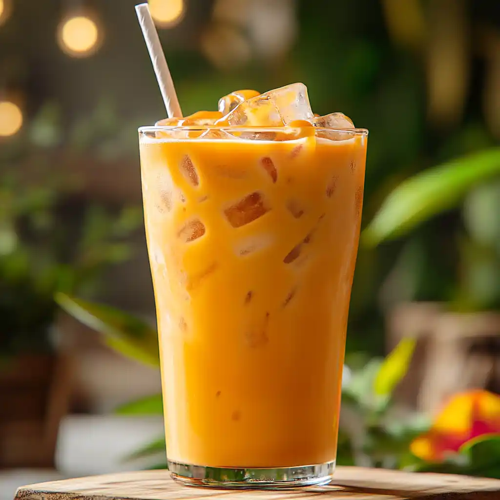 Glass of vibrant Thai iced tea with ice cubes and creamy swirl of condensed milk, served in a tropical setting