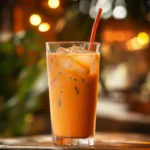 Glass of vibrant Thai iced tea with ice cubes and creamy swirl of condensed milk, served in a tropical setting